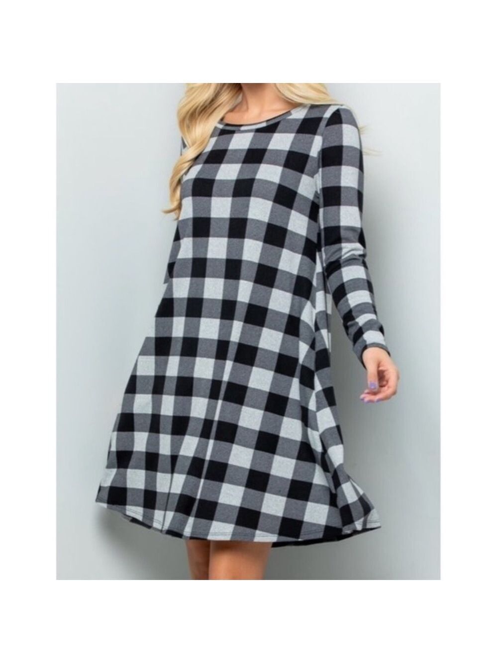 SUNDAY MORNING Buffalo Check Long Sleeve Swing Tunic Dress Neutral
